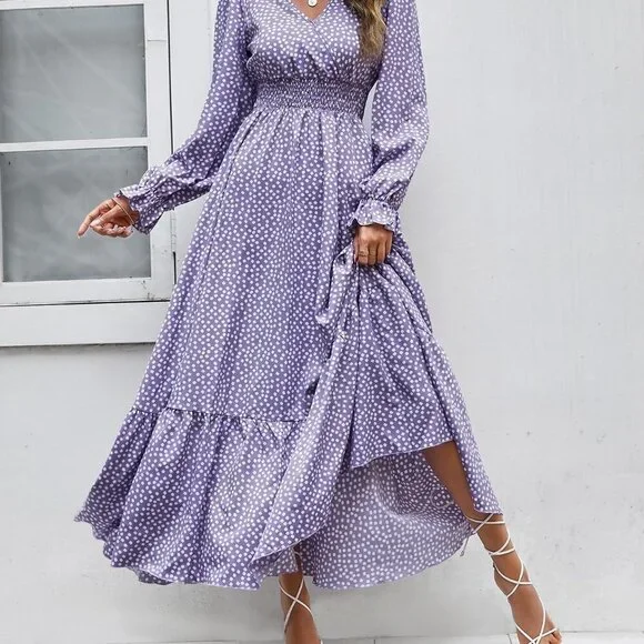 Purple Boho Womens Ditsy Floral Print Flounce Sleeve Shirred Dress - Picture 5 of 5